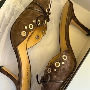 Tony Bianco Brown Suede Mid-Heel Pumps with Eyelet Detail